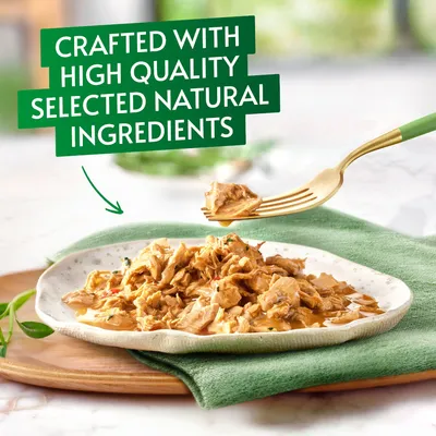 Text: Crafted with high quality selected natural ingredients. Plate of shredded food in sauce on a green napkin, fork lifting portion above plate.