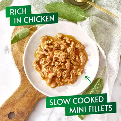 Plate of slow cooked mini fillets, rich in chicken, shown with text highlighting these features.