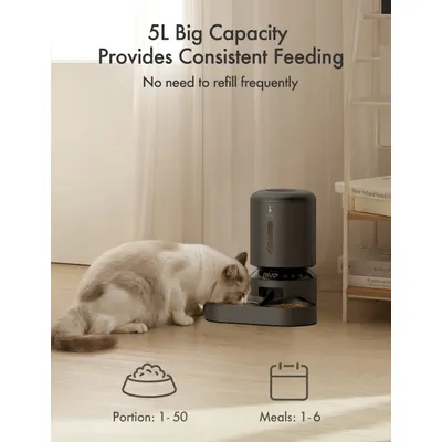 Cat eating from automatic feeder. Visible text: 5L Big Capacity Provides Consistent Feeding, No need to refill frequently, Portion: 1–50, Meals: 1–6.