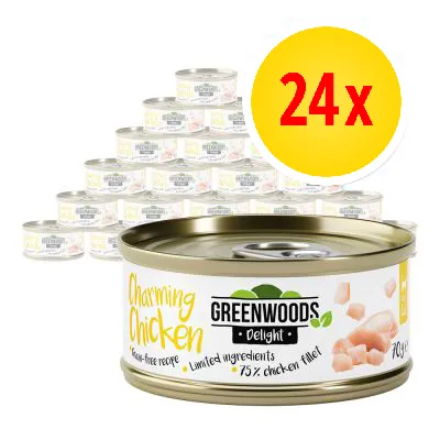Pack of 24 tins labelled Charming Chicken, Greenwoods Delight, grain-free recipe, limited ingredients, 75% chicken fillet, 70g each.