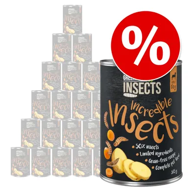 Lot de boîtes Green Petfood Insects Incredible, texte visible : 50% insects, limited ingredients, grain-free recipe, complete pet food, 375 g. Signe pourcentage rouge indiquant une offre.