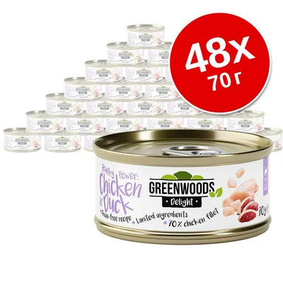 48 консерви по 70 г Greenwoods Delight Chicken in Duck. Видими надписи: Grain-free recipe, Limited ingredients, 70% chicken fillet.