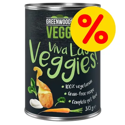 Greenwoods Veggie Viva Las Veggies, 100% vegetarian, grain-free recipe, complete pet food, 375 g. Oferta destacada con símbolo de porcentaje en círculo amarillo.