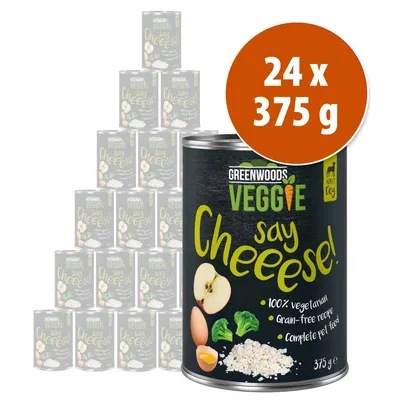 Pack de 24 latas Greenwoods Veggie say Cheeese! para perro adulto, 375 g cada una. Texto visible: 100% vegetarian, grain-free recipe, complete pet food.