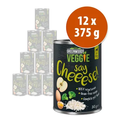 Pack de 12 latas Greenwoods Veggie Say Cheeese! para perro adulto, 375 g cada una. Texto visible: 100% vegetarian, grain-free recipe, complete pet food.