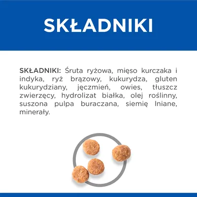 SKŁADNIKI: Śruta ryżowa, mięso kurczaka i indyka, ryż brązowy, kukurydza, gluten kukurydziany, jęczmień, owies, tłuszcz zwierzęcy, hydrolizat białka, olej roślinny, pulpa buraczana, siemię lniane, minerały.