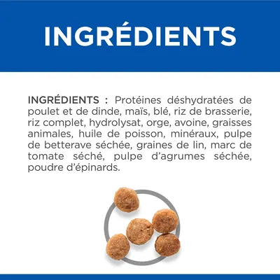 INGRÉDIENTS : Protéines déshydratées de poulet et de dinde, maïs, blé, riz de brasserie, riz complet, hydrolysat, orge, avoine, graisses animales, huile de poisson, minéraux, pulpe de betterave séchée, graines de lin, marc de tomate séché, pulpe d’agrumes séchée, poudre d’épinards.