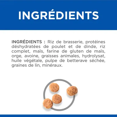 INGRÉDIENTS : Riz de brasserie, protéines déshydratées de poulet et de dinde, riz complet, maïs, farine de gluten de maïs, orge, avoine, graisses animales, hydrolysat, huile végétale, pulpe de betterave séchée, graines de lin, minéraux.
