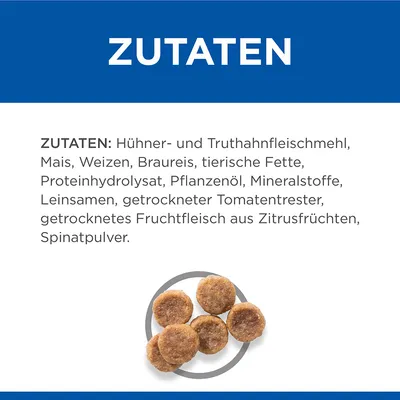Zutaten: Hühner- und Truthahnfleischmehl, Mais, Weizen, Braureis, tierische Fette, Proteinhydrolysat, Pflanzenöl, Mineralstoffe, Leinsamen, Tomatenreste, Zitrusfruchtfleisch, Spinatpulver.
