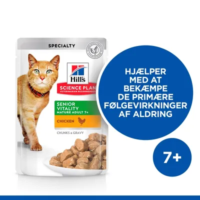 Hill's Science Plan Senior Vitality Mature Adult 7+ Chicken Chunks & Gravy. Hjælper med at bekæmpe de primære følgevirkninger af aldring. 7+
