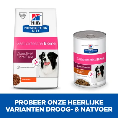 Hill's Prescription Diet Gastrointestinal Biome Digestive/Fibre Care droogvoer en natvoer voor honden. Probeer onze heerlijke varianten droog- & natvoer.