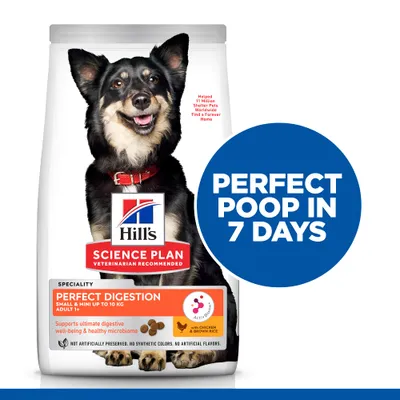 Hill's Science Plan Perfect Digestion Small & Mini up to 10 kg Adult 1+ s piletinom i smeđom rižom. Tekst: PERFECT POOP IN 7 DAYS. Supports ultimate digestive well-being & healthy microbiome.