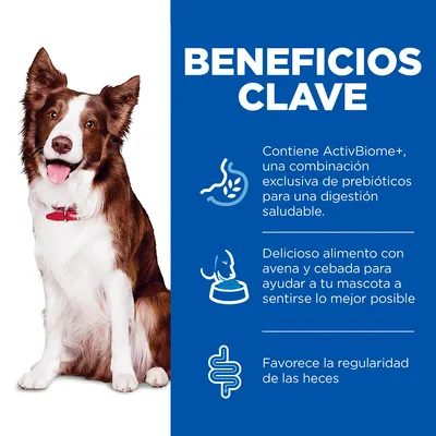 Beneficios clave: contiene ActivBiome+, combinación exclusiva de prebióticos para digestión saludable, alimento con avena y cebada, favorece la regularidad de las heces.