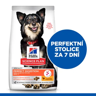 Hill's Science Plan Perfect Digestion Small & Mini up to 10 kg Adult s kuřetem a hnědou rýží, nápis: Perfektní stolice za 7 dní