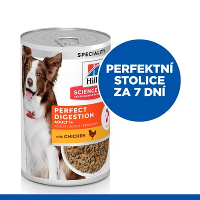 Konzerva Hill's Science Plan Perfect Digestion Adult 1+ with Chicken. Text: PERFEKTNÍ STOLICE ZA 7 DNÍ.