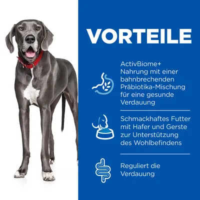 Vorteile: ActivBiome+ Nahrung mit Präbiotika-Mischung für gesunde Verdauung, schmackhaftes Futter mit Hafer und Gerste zur Unterstützung des Wohlbefindens, reguliert die Verdauung.