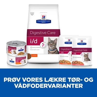 Hill's Prescription Diet Digestive Care i/d kattefoder, tør- og vådfoder med kylling og laks. Tekst: PRØV VORES LÆKRE TØR- OG VÅDFODERVARIANTER.