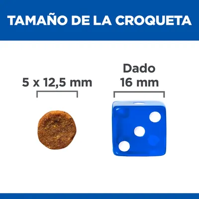 Tamaño de la croqueta: 5 x 12,5 mm junto a un dado azul de 16 mm para comparación visual.