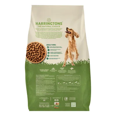 Back of pet food bag showing feeding guide, key product features, ingredients list, and a bowl of kibble. Includes icons for benefits and a visible adult dog beside the information.