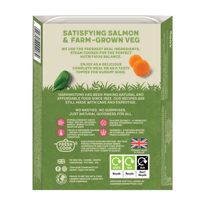 Satisfying salmon and farm-grown veg, hypoallergenic grain free recipe, freshly prepared salmon, chicory extract for digestion, seaweed for vitamins, made in the UK, recyclable packaging.