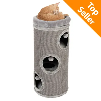 Tiragraffi cilindrico grigio con tre aperture, palline interne e superficie superiore imbottita; gatto arancione sdraiato sopra. Testo visibile: Top Seller.