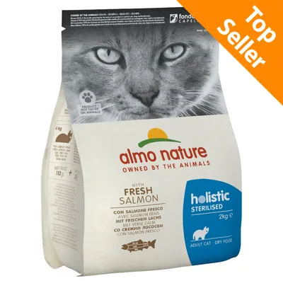 Sacchetto di cibo secco per gatti adulti sterilizzati, 2 kg, con salmone fresco. Testo visibile: holistic sterilised, with fresh salmon, con salmone fresco. Top Seller in alto a destra.