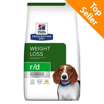 Hill's Prescription Diet WEIGHT LOSS r/d, VETERINARIAN RECOMMENDED, Top Seller, confezione di alimento per animali con simboli S+OX Shield e Clinical Nutrition visibili.