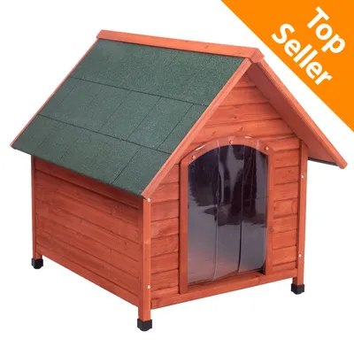 Cuccia per cani in legno con tetto verde e tendina trasparente all'ingresso. Angolo in alto a destra: scritta Top Seller su sfondo arancione.