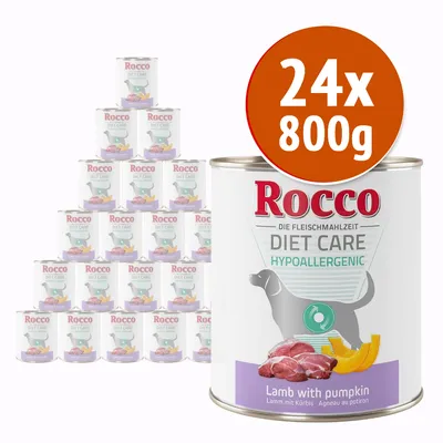 Rocco Diet Care Hypoallergenic Lamb with pumpkin, confezione da 24 lattine da 800 g ciascuna. Testo visibile in inglese: Lamb with pumpkin.