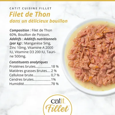 Catit Cuisine Filet Filet de thon dans un bouillon. Composition : filet de thon 60 %, bouillon de poisson. Constituants analytiques : protéine 18 %, matières grasses 2 %, humidité 78 %. Catit Cuisine Filet Filet de thon dans un bouillon. Composition : filet de thon 60 %, bouillon de poisson. Constituants analytiques : protéine 18 %, matières grasses 2 %, humidité 78 %.