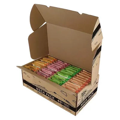 Open box showing 40 assorted sachets in four flavours, labelled as a mega pack with 10 of each flavour. Text on box includes 'MEGA PACK 40 x 300g' and '10 x salmon'.
