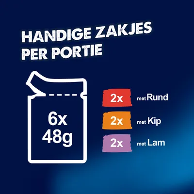 6 zakjes à 48 g, telkens 2x met rund, 2x met kip, 2x met lam. Praktische portiezakjes. 6 zakjes à 48 g, telkens 2x met rund, 2x met kip, 2x met lam. Praktische portiezakjes.