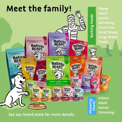 Range of Barking Heads and Meowing Heads pet food products with categories listed: puppy, adult, senior, slimming, grain free, small breed, large breed, treats, kitten.