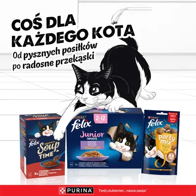 Felix Karma dla kotów: Soup Time, Junior Fantastic 2-12 miesięcy, Party Mix. Logo Purina na dole. Obraz reklamowy z kotem i polskim tekstem o pysznych posiłkach i przekąskach. Felix Karma dla kotów: Soup Time, Junior Fantastic 2-12 miesięcy, Party Mix. Logo Purina na dole. Obraz reklamowy z kotem i polskim tekstem o pysznych posiłkach i przekąskach.