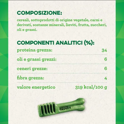 Composizione: cereali, sottoprodotti vegetali, carni, minerali, lieviti, frutta, zuccheri, oli e grassi. Analisi: proteina 34 %, grassi 6 %, cenere 6 %, fibra 4 %, 319 kcal/100 g. Greenies visibile.