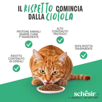 Schesir. Proteine animali sempre come primo ingrediente, alto contenuto di proteine, basso contenuto di cereali, ricetta 100% trasparente. Schesir. Proteine animali sempre come primo ingrediente, alto contenuto di proteine, basso contenuto di cereali, ricetta 100% trasparente.