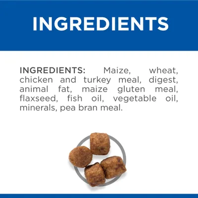 Ingredients: maize, wheat, chicken and turkey meal, digest, animal fat, maize gluten meal, flaxseed, fish oil, vegetable oil, minerals, pea bran meal. Four kibble pieces shown.