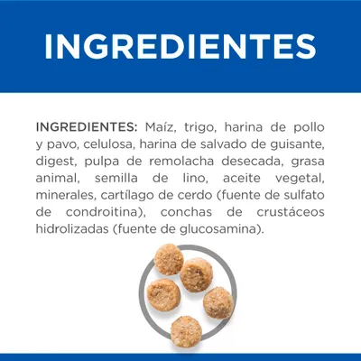 Ingredientes: maíz, trigo, harina de pollo y pavo, celulosa, harina de salvado de guisante, digest, pulpa de remolacha desecada, grasa animal, semilla de lino, aceite vegetal, minerales, cartílago de cerdo, conchas de crustáceos.
