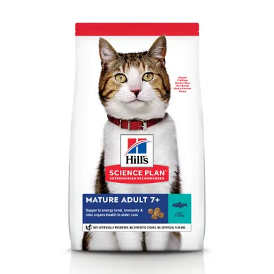 Hill's Science Plan Mature Adult 7+ con tonno, crocchette per gatti anziani. Testo visibile: Supports energy level, immunity & vital organs health in older cats. Not artificially preserved.