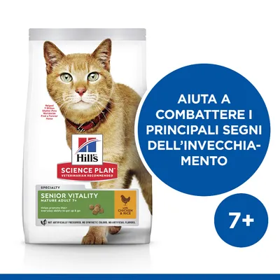 Hill's Science Plan Senior Vitality Mature Adult 7+ con pollo e riso. Testo visibile: Aiuta a combattere i principali segni dell’invecchiamento. 7+.