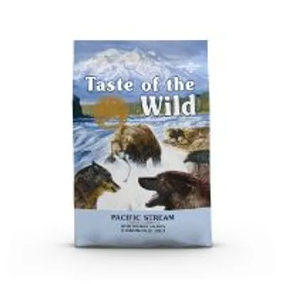 Confezione di Taste of the Wild Pacific Stream, testo visibile: 'Taste of the Wild', 'Pacific Stream'. Immagine di animali selvatici su sfondo natura.