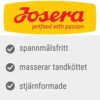 Josera petfood with passion. Spannmålsfritt, masserar tandköttet, stjärnformade. Josera petfood with passion. Spannmålsfritt, masserar tandköttet, stjärnformade.