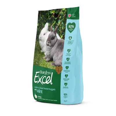 Bag of Burgess Excel Junior & Dwarf Rabbit Nuggets with Mint, showing key features: added mint, extra protein, antioxidants, prebiotics, supports skin and coat health, 92% vet recommended.