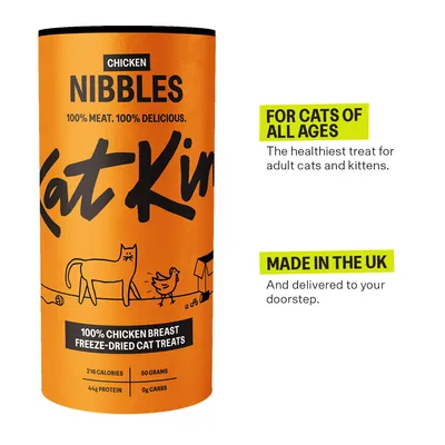Chicken nibbles, 100% chicken breast freeze-dried cat treats. For cats of all ages. Made in the UK. 216 calories, 50 grams, 44g protein, 0g carbs.