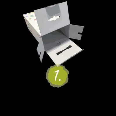 Βήμα 1: ανοιχτό κουτί από χαρτόνι με πτυσσόμενα πτερύγια και εσωτερικό πλαστικό εξάρτημα. Οδηγία συναρμολόγησης συσκευασίας.