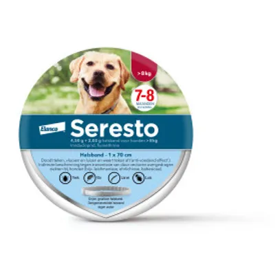 Seresto halsband voor honden >8 kg, 7–8 maanden werkzaam, Elanco merk. Verpakking toont 1 x 70 cm halsband en pictogrammen voor teken, vlooien en waterbestendig.