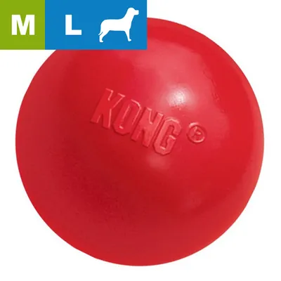Palla rossa KONG per cani, taglia M/L indicata in alto a sinistra con simbolo cane. Materiale gomma visibile.