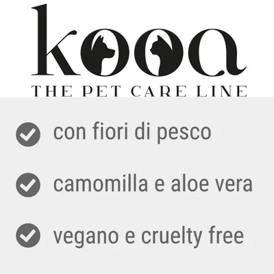 kooa THE PET CARE LINE. con fiori di pesco, camomilla e aloe vera, vegano e cruelty free.
