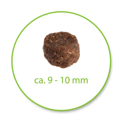 Granulka karmy o średnicy ok. 9–10 mm, widoczna pojedyncza sztuka na białym tle z zielonym napisem „ca. 9–10 mm”.