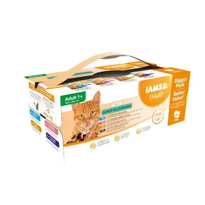 IAMS Delights Land & Sea Collection for adult 1+ years, includes wild tuna and herring, salmon and trout, turkey and duck, lamb and liver. Pack contains 48 x 85g portions.